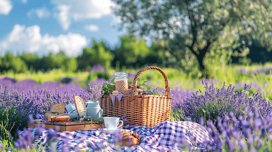 Picnic on a blanket with lunch